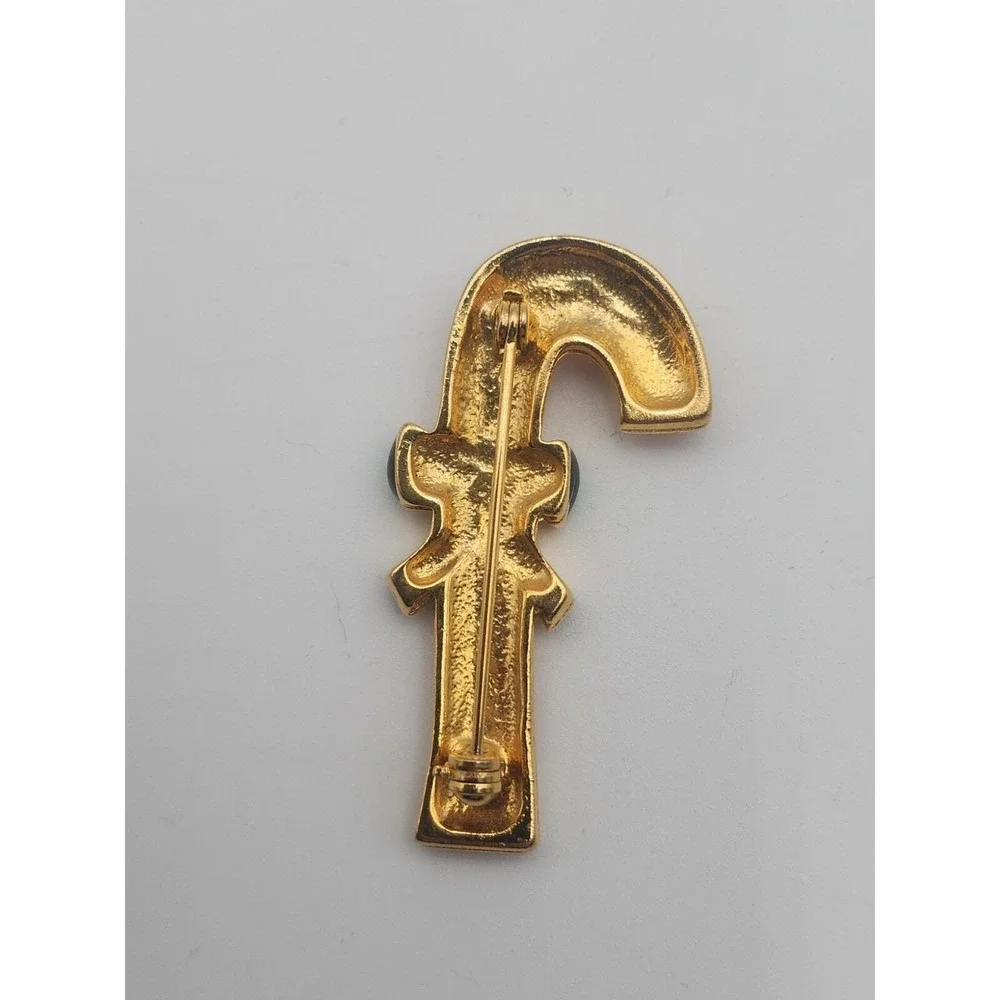 Vintage gold tone enamel Christmas‎ holiday candy cane w/ bow brooch pin